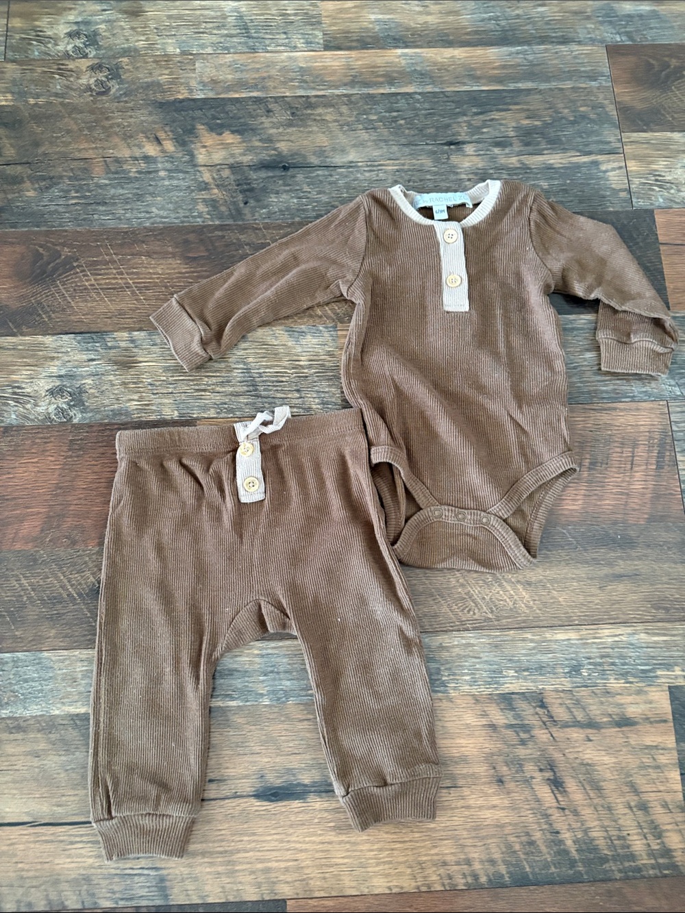 Rachel Zoe Brown and Cream Ribbed Baby Henley and Pants